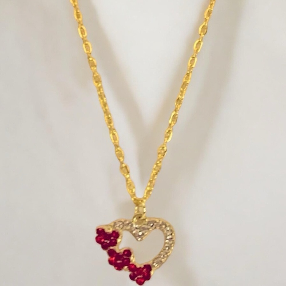 Heart Red & Clear Crystal & Gold Plated Necklace Hearts, Love, & Valentine - Picture 2 of 5